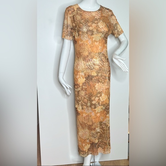 Misa Los Angeles Sz L Mesh Ikat Golden Floral Batik Maxi Dress - Picture 1 of 5